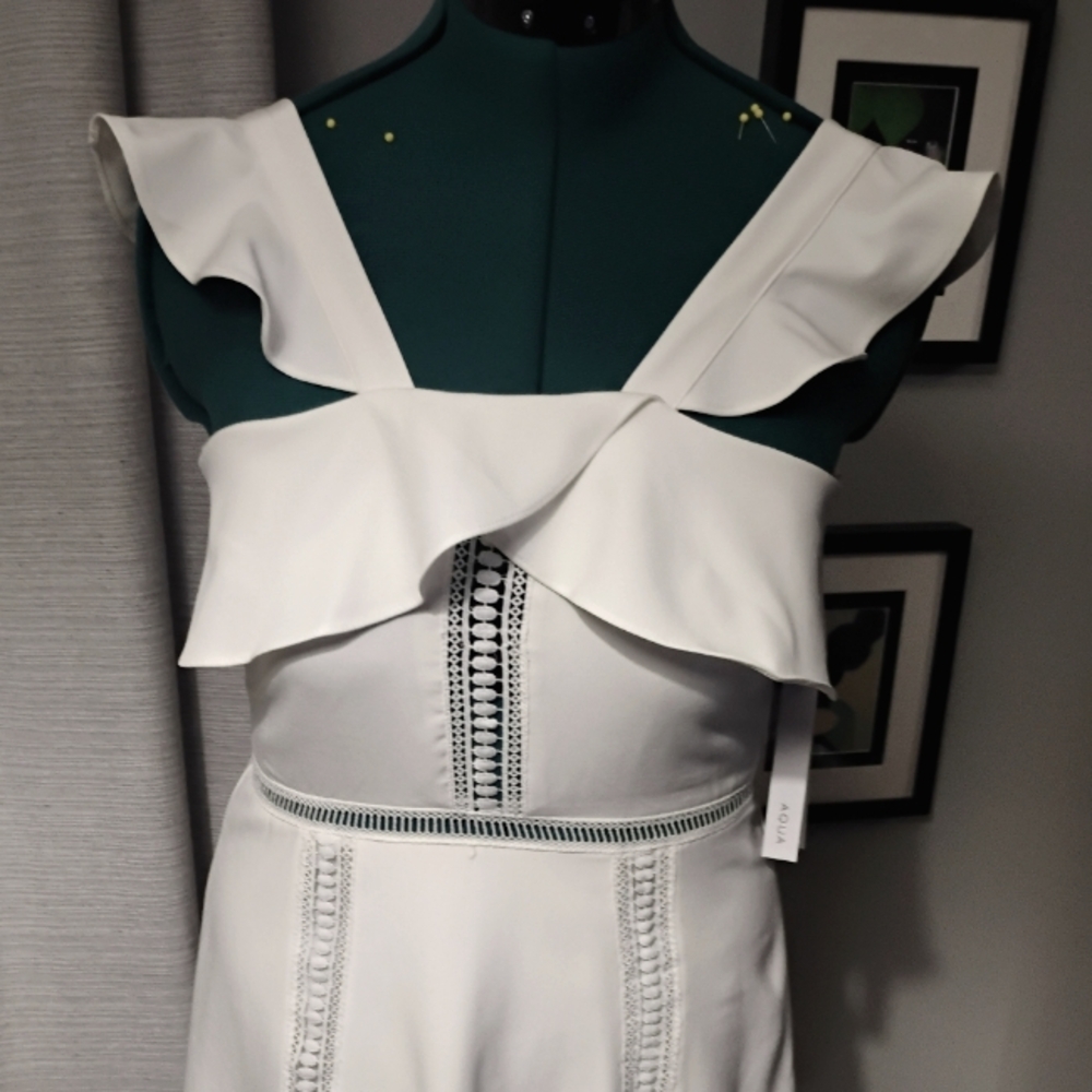 Aqua White Lace Inset Dress with Ruffle Detail Sz L NWT